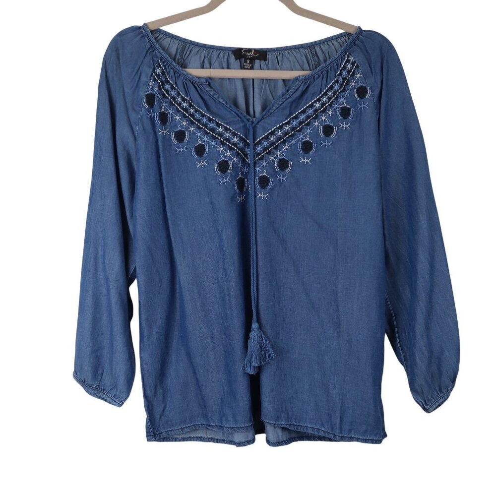 Earl Jeans S Embroidered Blue Tencel Chambray Boho Peasant Blouse Top Artsy